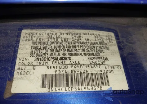 2010 Nissan Versa 1.8S из США, поврежденный, VIN 3N1BC1CP5AL463578